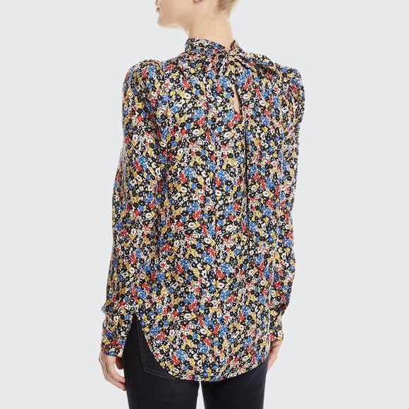 Veronica Beard mena black white red floral print neck tie silk blouse top - Picture 2 of 16